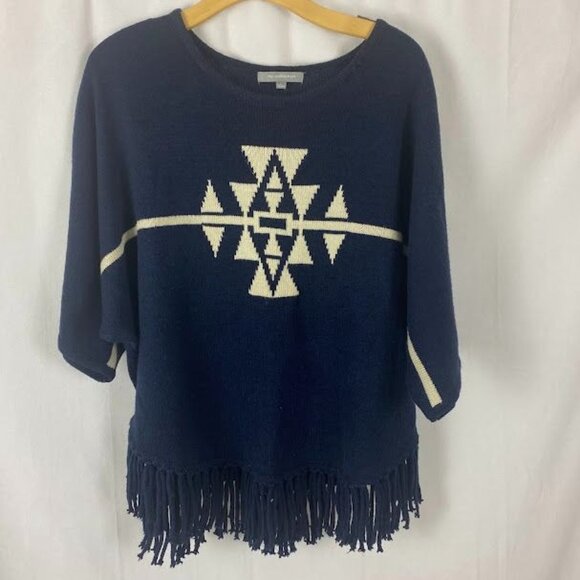 NY Collection Navy Pullover Tribal Print Fringe Sweater Women's Large. - Picture 1 of 8